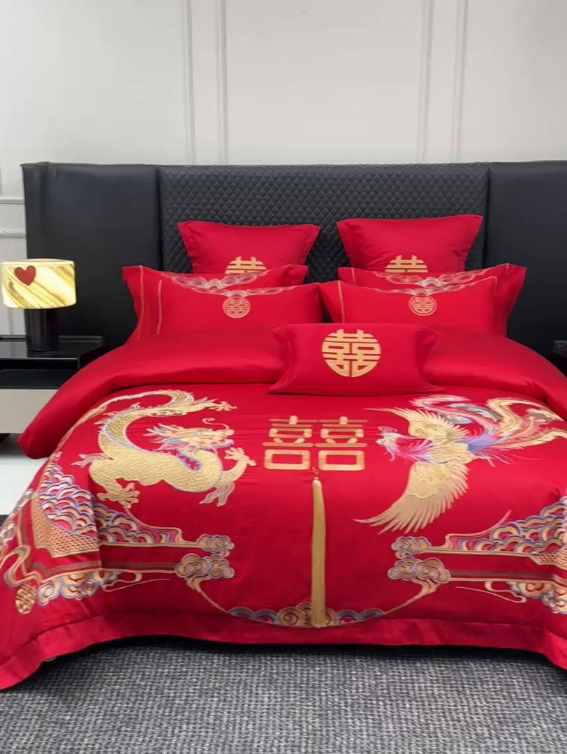 91家纺网 家纺一手货源 找家纺 欧乐蒂 2025新款中式高端刺绣婚庆四件套 龙腾凤跃