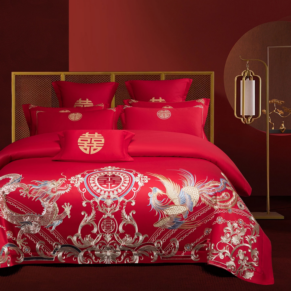 91家纺网 家纺一手货源 找家纺 欧乐蒂 2025新款中式高端刺绣婚庆四件套 龙翔凤跃