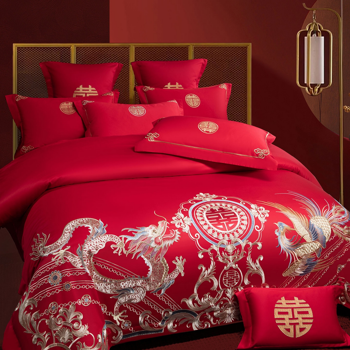 91家纺网 家纺一手货源 找家纺 欧乐蒂 2025新款中式高端刺绣婚庆四件套 龙翔凤跃