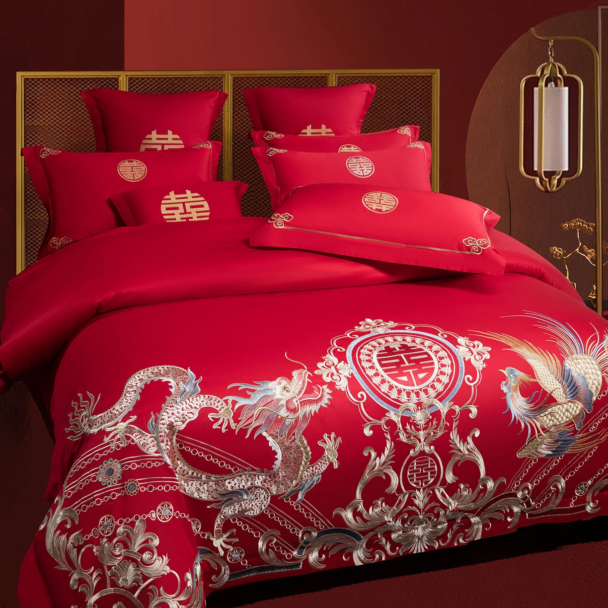 91家纺网 家纺一手货源 找家纺 欧乐蒂 2025新款中式高端刺绣婚庆四件套 龙翔凤跃