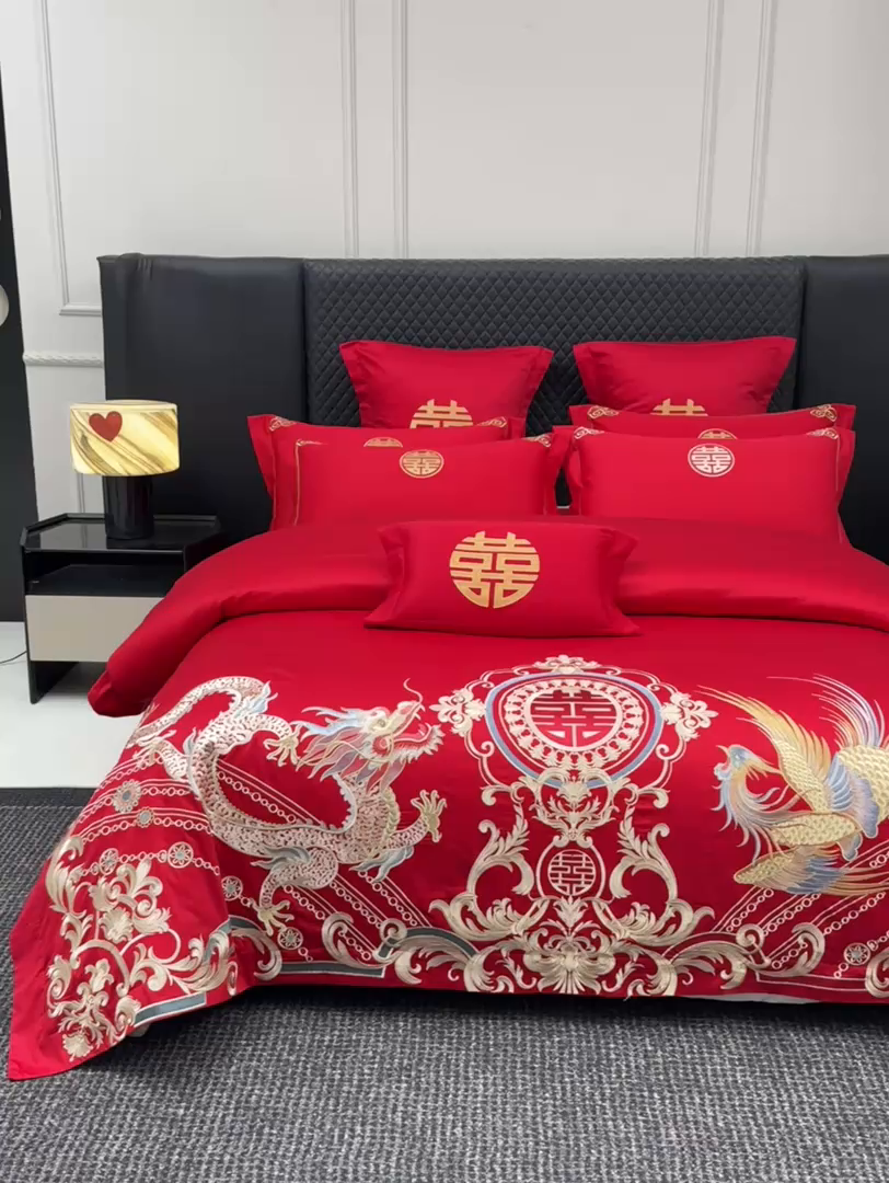 91家纺网 家纺一手货源 找家纺 欧乐蒂 2025新款中式高端刺绣婚庆四件套 龙翔凤跃