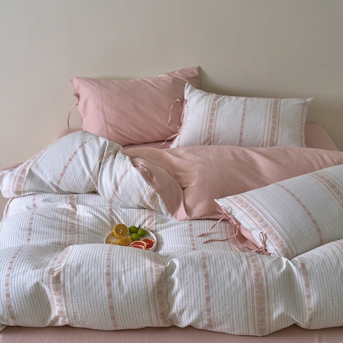 91家纺网 家纺一手货源 找家纺 久典家居 2025新款A类全棉色织提花系带款四件套-梦屿系列三色（买家秀加客服） 梦屿粉