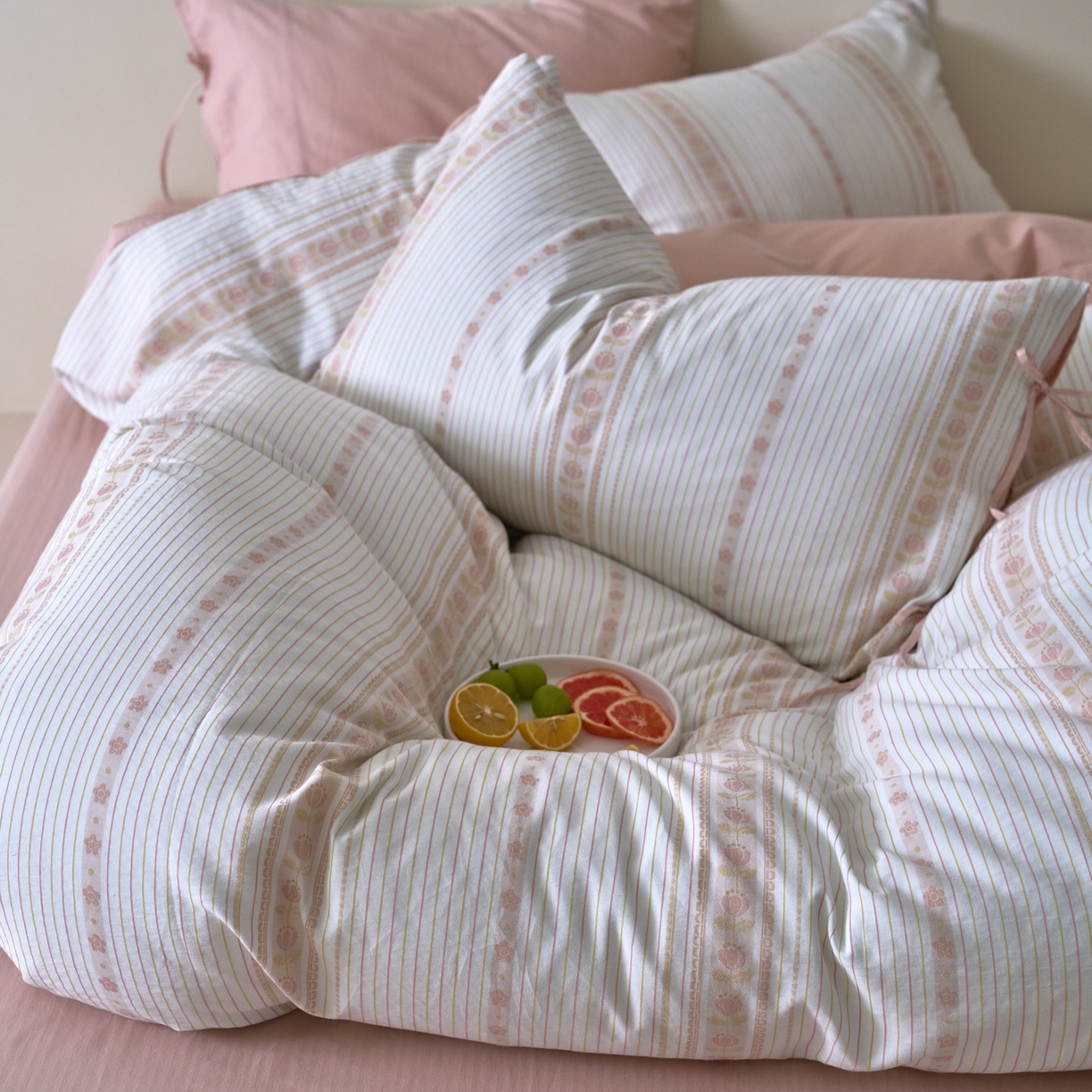 91家纺网 家纺一手货源 找家纺 久典家居 2025新款A类全棉色织提花系带款四件套-梦屿系列三色（买家秀加客服） 梦屿粉