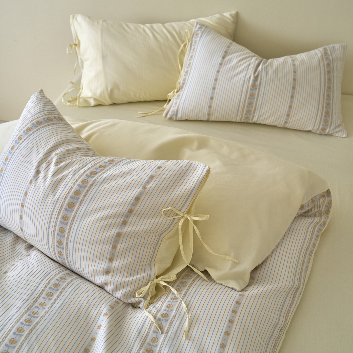 91家纺网 家纺一手货源 找家纺 久典家居 2025新款A类全棉色织提花系带款四件套-梦屿系列三色（买家秀加客服） 梦屿米黄