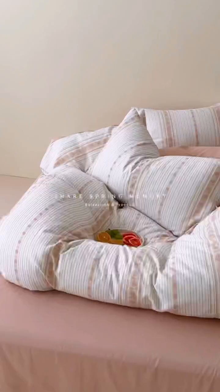 91家纺网 家纺一手货源 找家纺 久典家居 2025新款A类全棉色织提花系带款四件套-梦屿系列三色（买家秀加客服） 梦屿粉