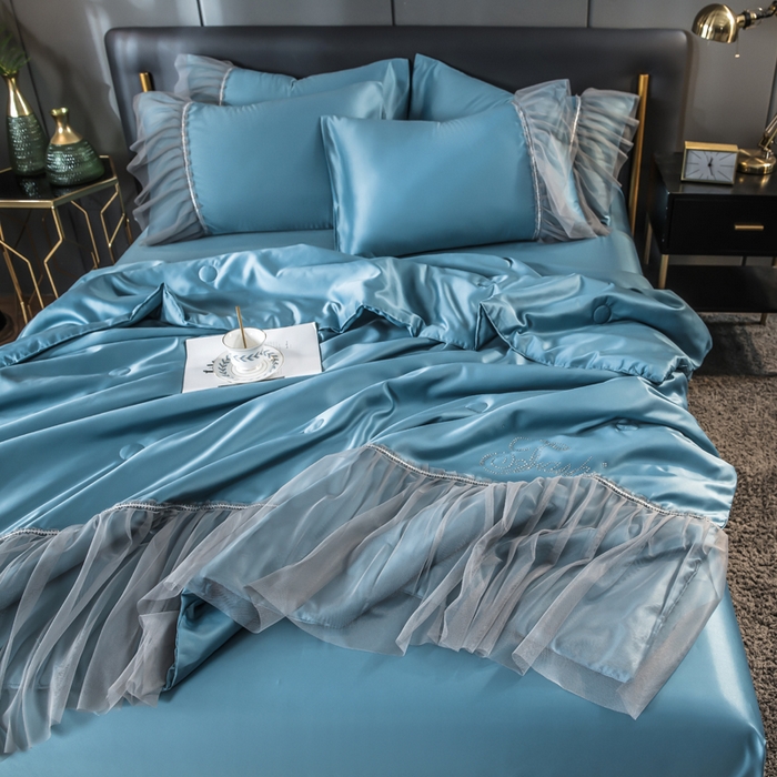 91家纺网 家纺一手货源 找家纺 （总）丽莱美家纺 2025新款水洗冰丝蕾丝夏被  夏被三件套  夏被四件套