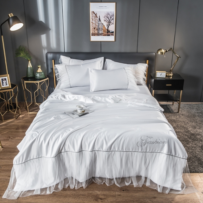 丽莱美家纺 2026新款水洗冰丝蕾丝夏被  夏被三件套  夏被四件套 纯白