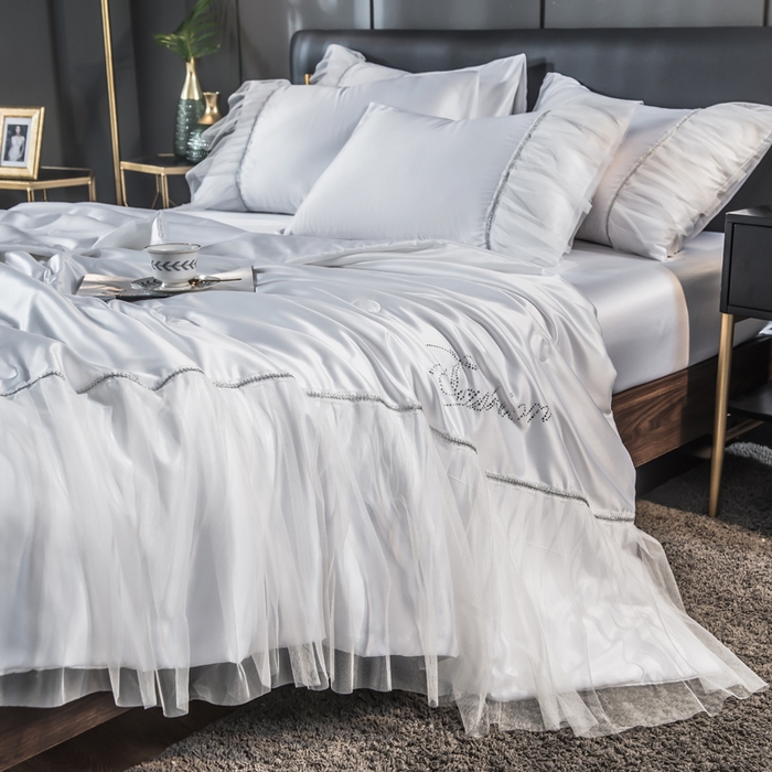 91家纺网 家纺一手货源 找家纺 丽莱美家纺 2026新款水洗冰丝蕾丝夏被  夏被三件套  夏被四件套 纯白