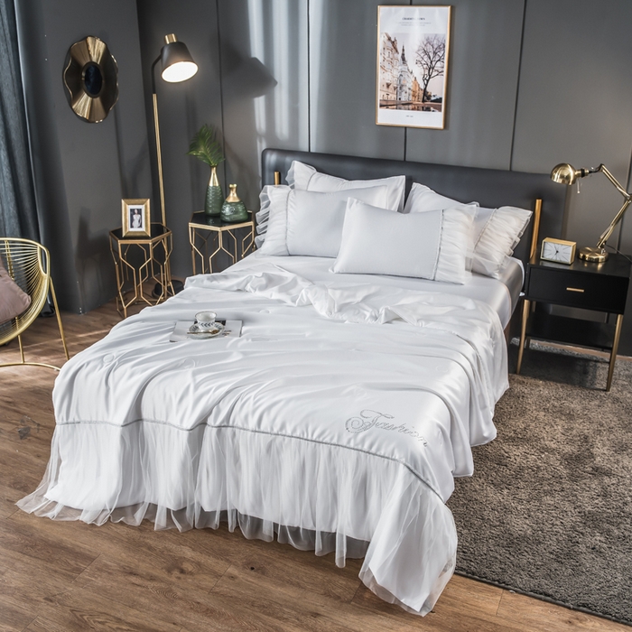 91家纺网 家纺一手货源 找家纺 丽莱美家纺 2026新款水洗冰丝蕾丝夏被  夏被三件套  夏被四件套 纯白