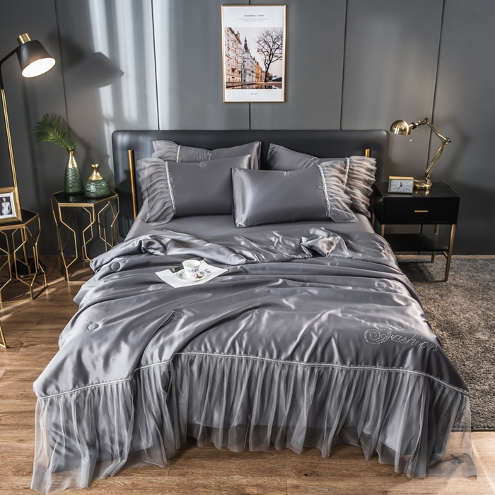 丽莱美家纺 2026新款水洗冰丝蕾丝夏被  夏被三件套  夏被四件套 灰色