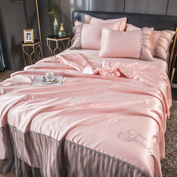 91家纺网 家纺一手货源 找家纺 丽莱美家纺 2026新款水洗冰丝蕾丝夏被  夏被三件套  夏被四件套 玉色