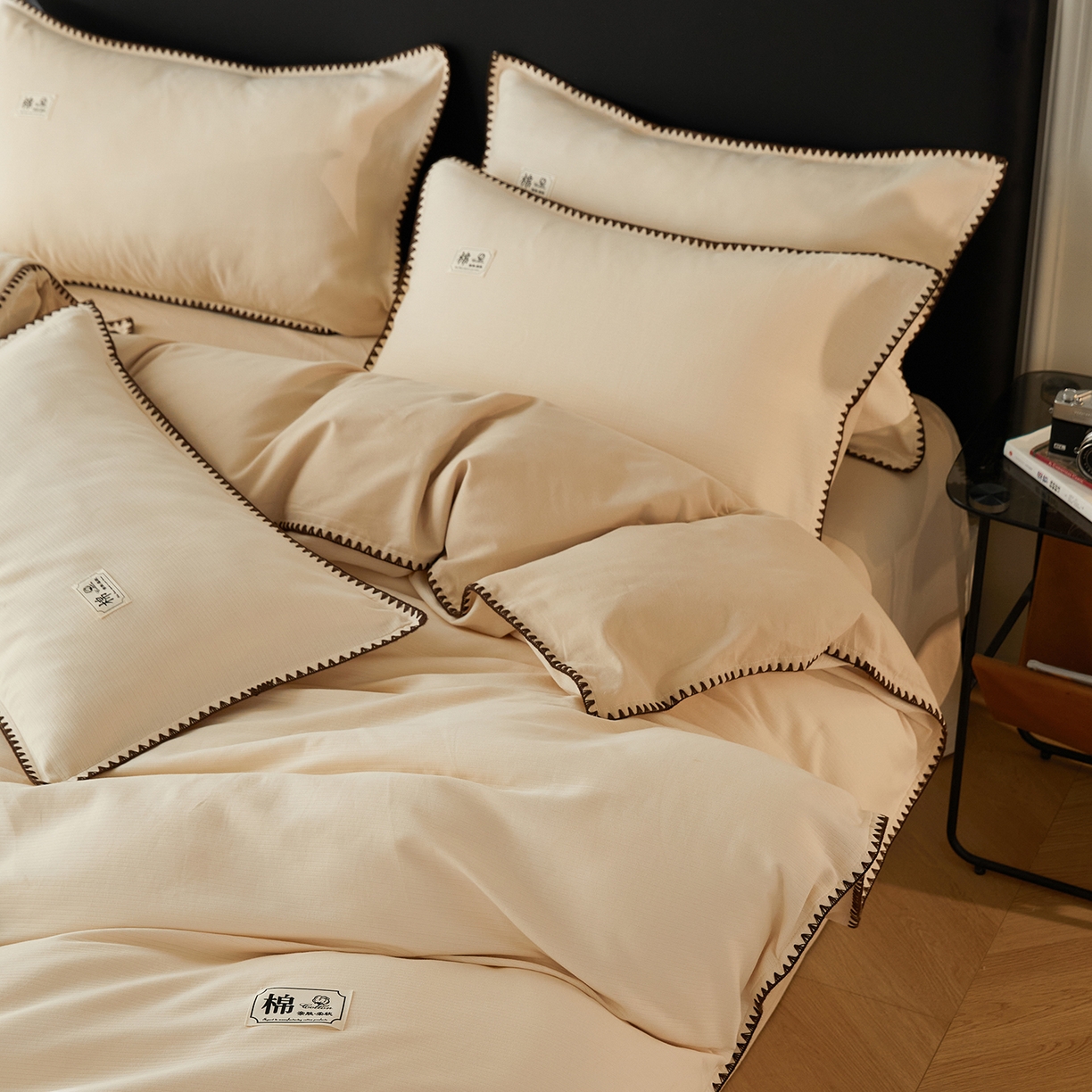 91家纺网 家纺一手货源 找家纺 （总）简宜家居（朝初家纺） 2025新款全棉厚织长绒棉立体提花磨毛贝壳边四件套