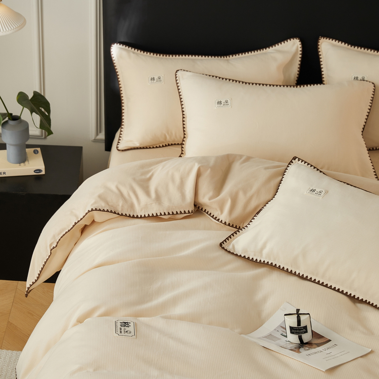 91家纺网 家纺一手货源 找家纺 （总）简宜家居（朝初家纺） 2025新款全棉厚织长绒棉立体提花磨毛贝壳边四件套