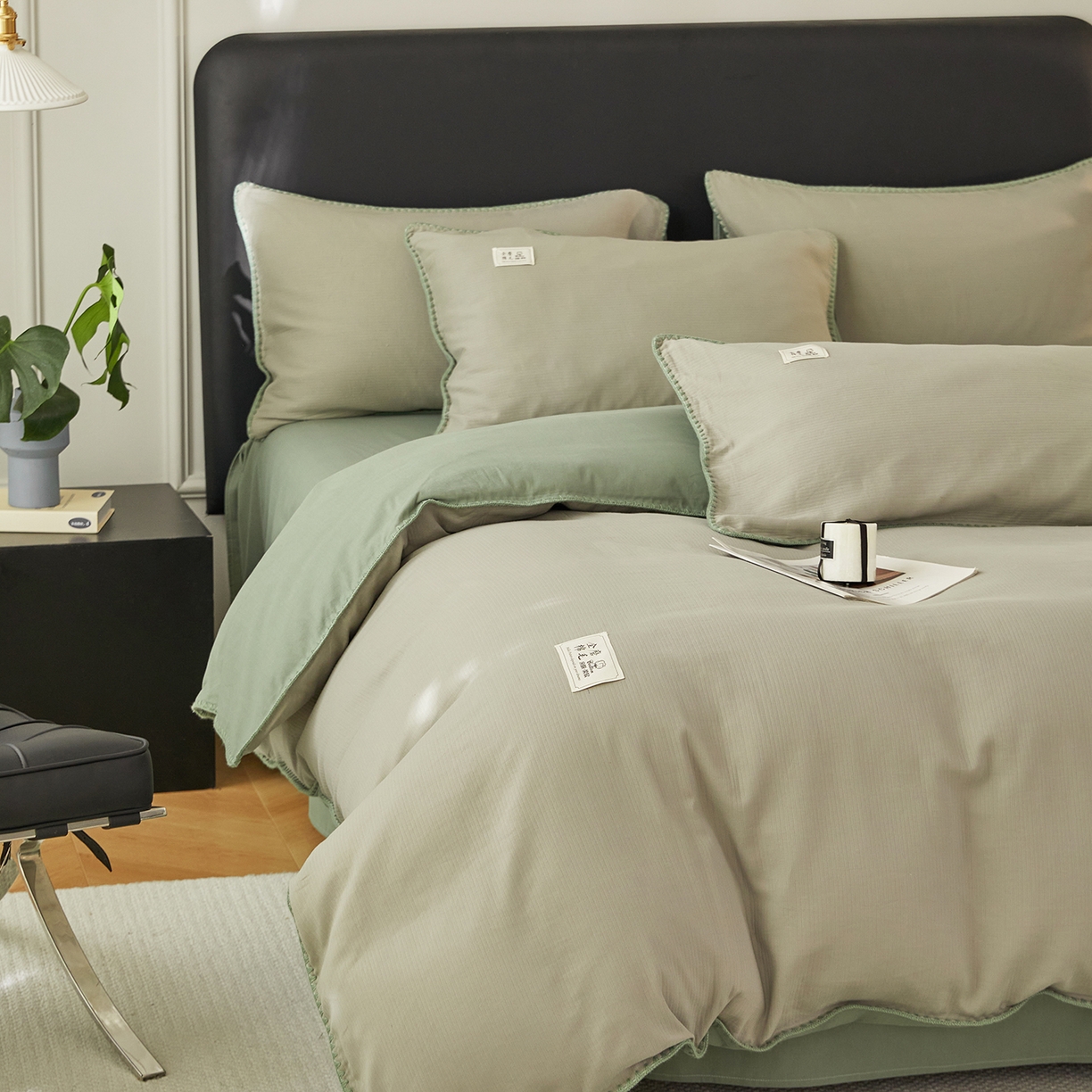 91家纺网 家纺一手货源 找家纺 简宜家居（朝初家纺） 2025新款全棉厚织长绒棉立体提花磨毛贝壳边四件套 青芥织缕