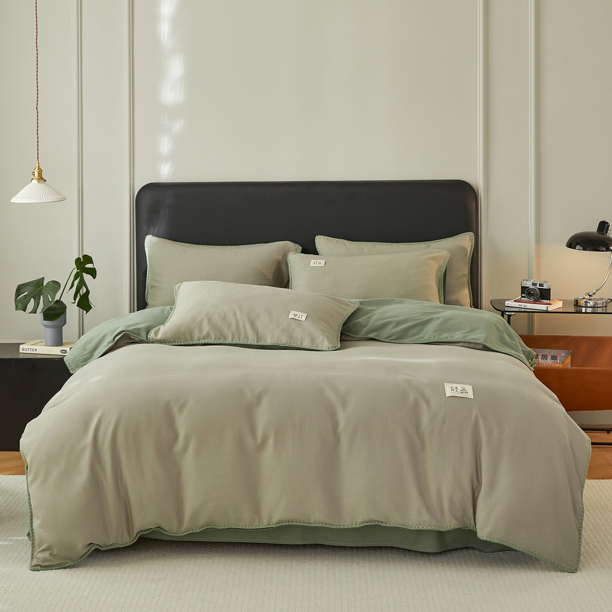 91家纺网 家纺一手货源 找家纺 简宜家居（朝初家纺） 2025新款全棉厚织长绒棉立体提花磨毛贝壳边四件套 青芥织缕