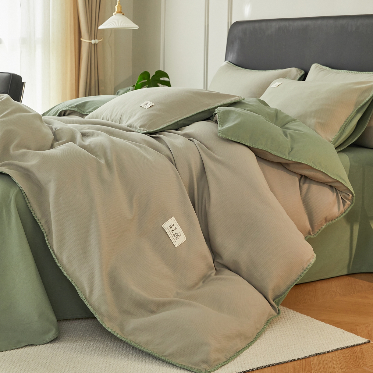 91家纺网 家纺一手货源 找家纺 简宜家居（朝初家纺） 2025新款全棉厚织长绒棉立体提花磨毛贝壳边四件套 青芥织缕