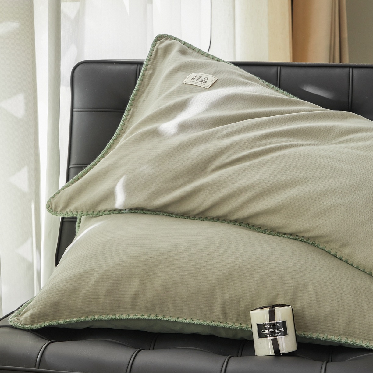 91家纺网 家纺一手货源 找家纺 简宜家居（朝初家纺） 2025新款全棉厚织长绒棉立体提花磨毛贝壳边四件套 青芥织缕