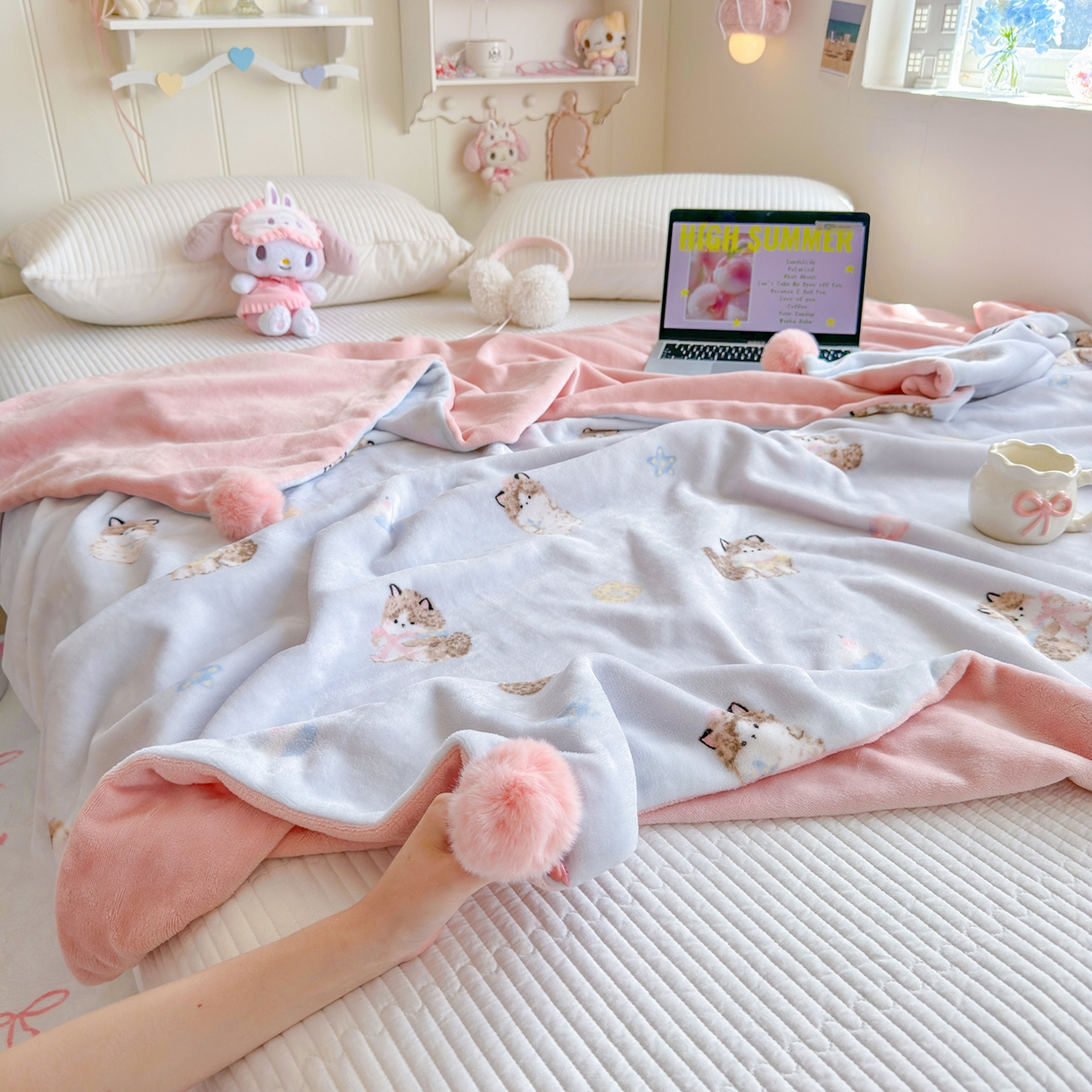 91家纺网 家纺一手货源 找家纺 （总）罗亿家纺 2025新款高克重（200g）牛奶绒韩系毛球办公室盖毯多功能盖毯被套毛毯两用（小红书推荐)