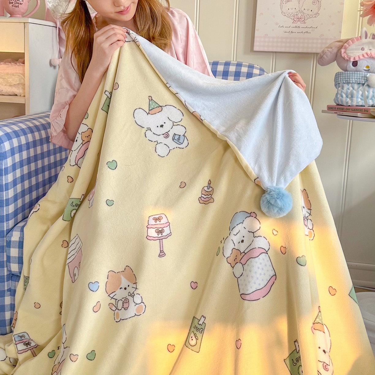 91家纺网 家纺一手货源 找家纺 （总）罗亿家纺 2025新款高克重（200g）牛奶绒韩系毛球办公室盖毯多功能盖毯被套毛毯两用（小红书推荐)