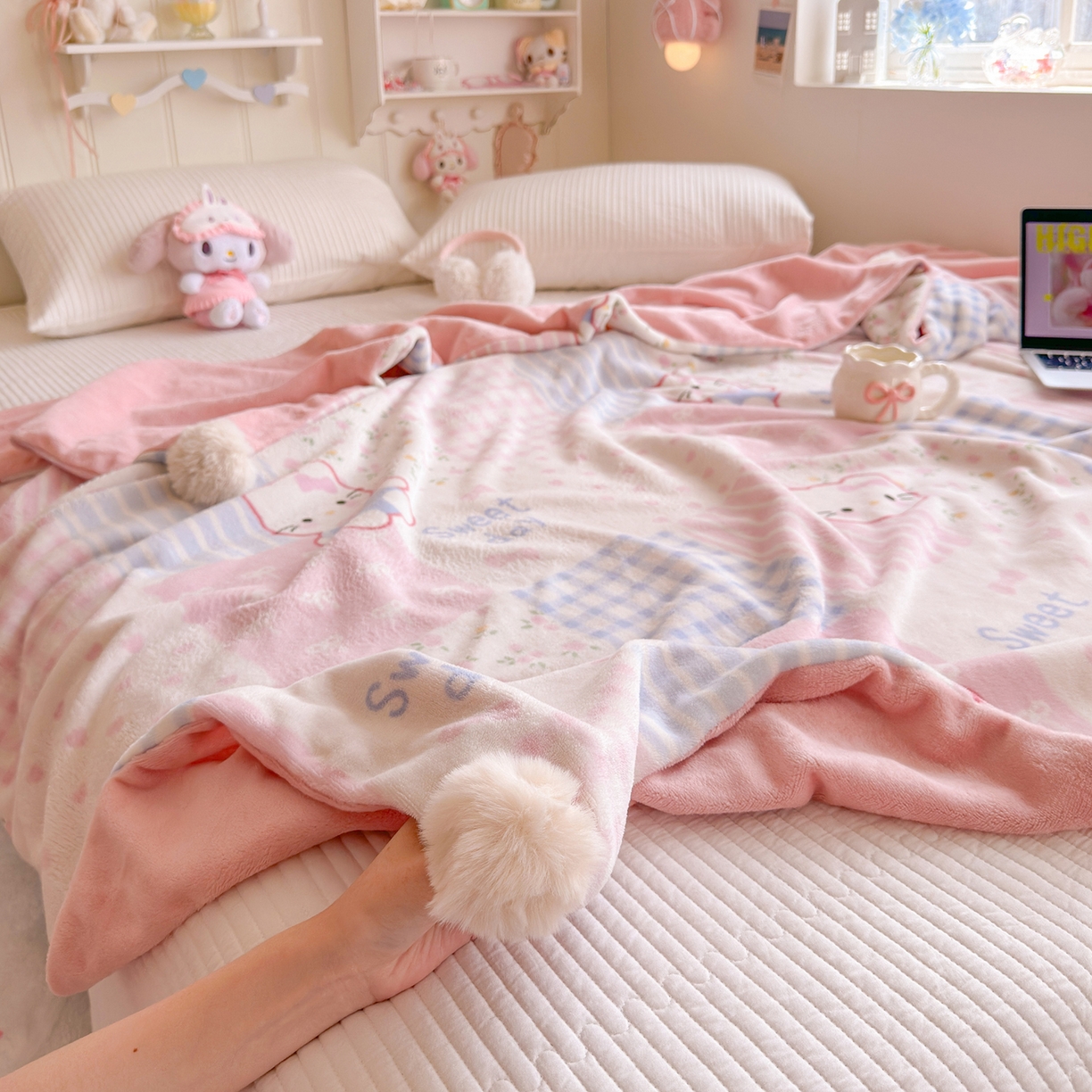 罗亿家纺 2025新款高克重（200g）牛奶绒韩系毛球办公室盖毯多功能盖毯被套毛毯两用（小红书推荐) 布丁猫