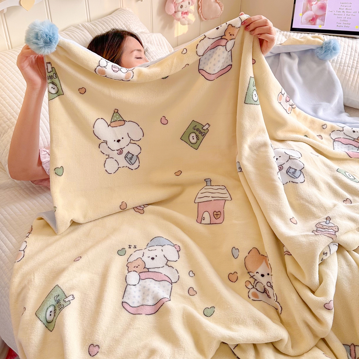 91家纺网 家纺一手货源 找家纺 罗亿家纺 2025新款高克重（200g）牛奶绒韩系毛球办公室盖毯多功能盖毯被套毛毯两用（小红书推荐) 奶黄汪汪