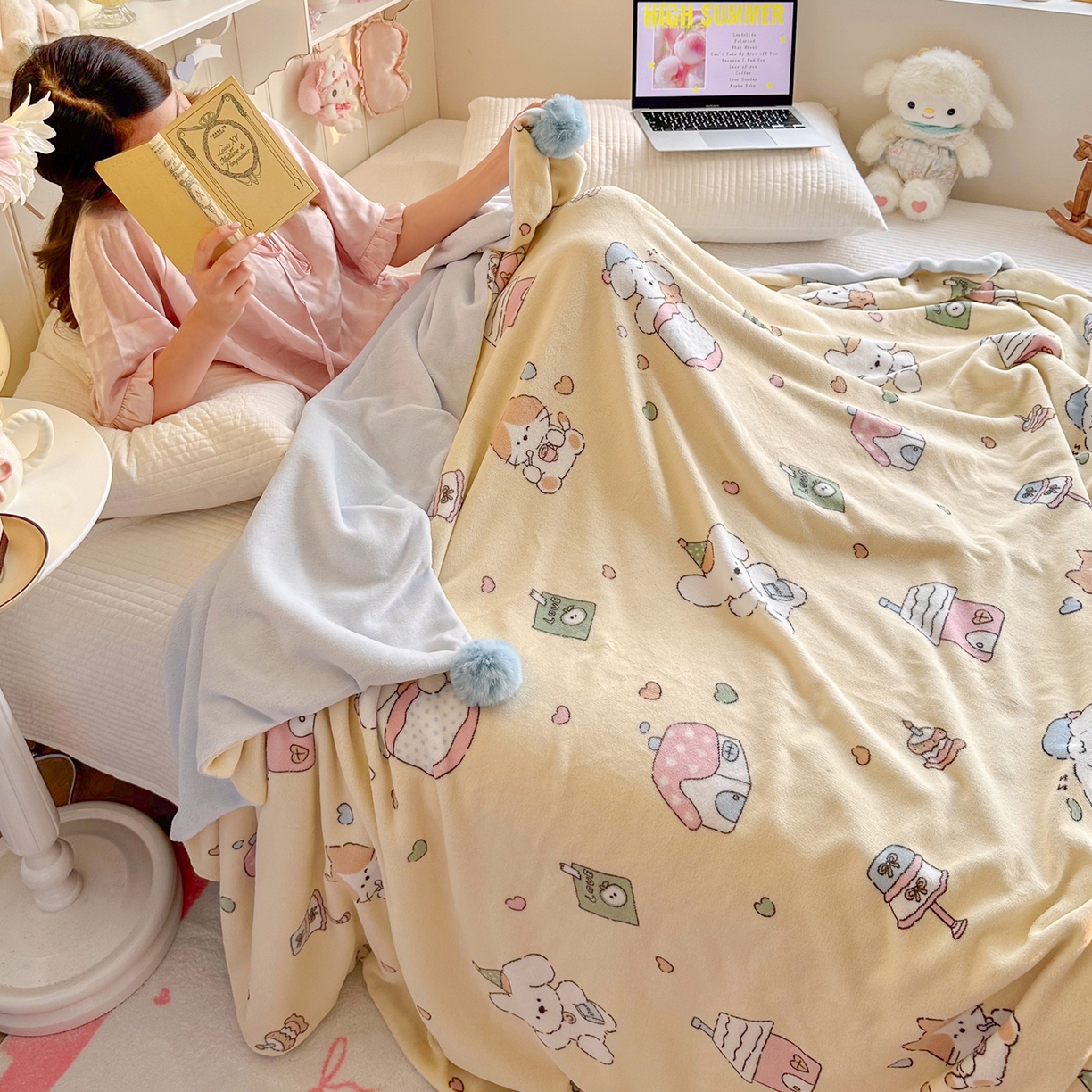 91家纺网 家纺一手货源 找家纺 （总）罗亿家纺 2025新款高克重（200g）牛奶绒韩系毛球办公室盖毯多功能盖毯被套毛毯两用（小红书推荐)