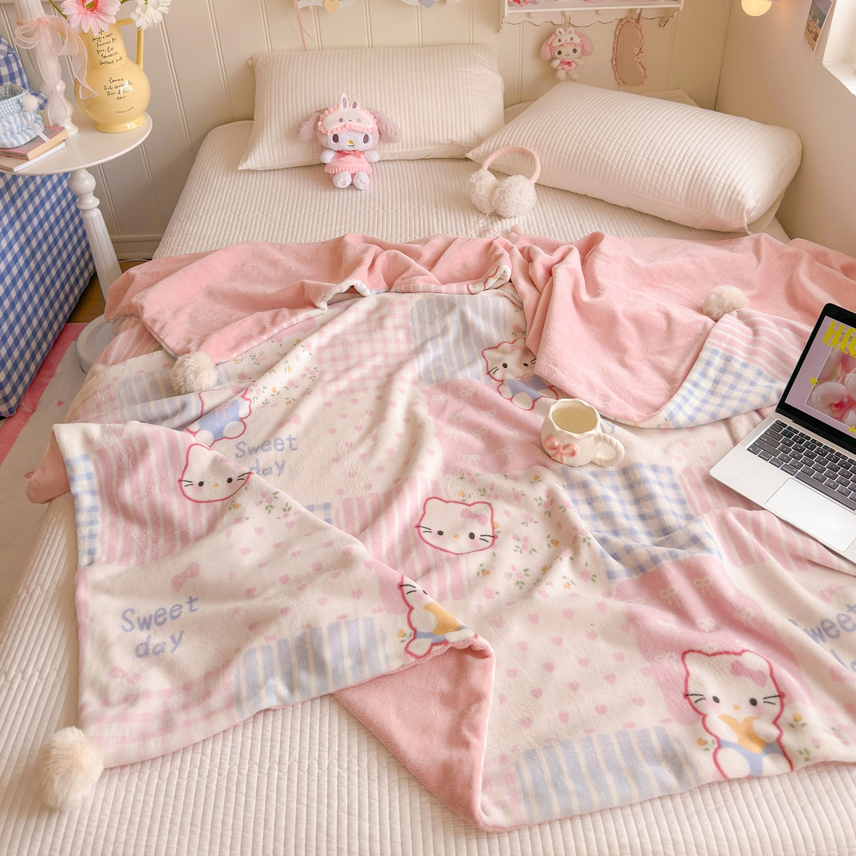 91家纺网 家纺一手货源 找家纺 罗亿家纺 2025新款高克重（200g）牛奶绒韩系毛球办公室盖毯多功能盖毯被套毛毯两用（小红书推荐) 布丁猫