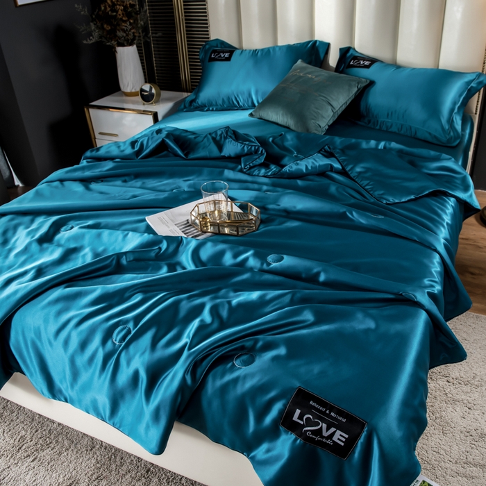 91家纺网 家纺一手货源 找家纺 丽莱美家纺 2025新款夏被  夏被三件套 夏被四件套 孔雀蓝