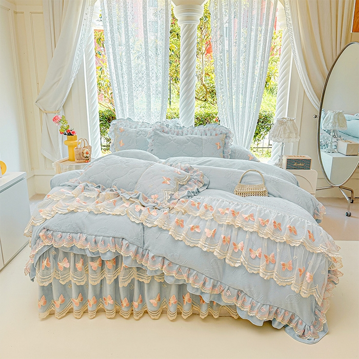 91家纺网 家纺一手货源 找家纺 （总）虹星家纺 2025新款花边牛奶绒床裙四件套系列