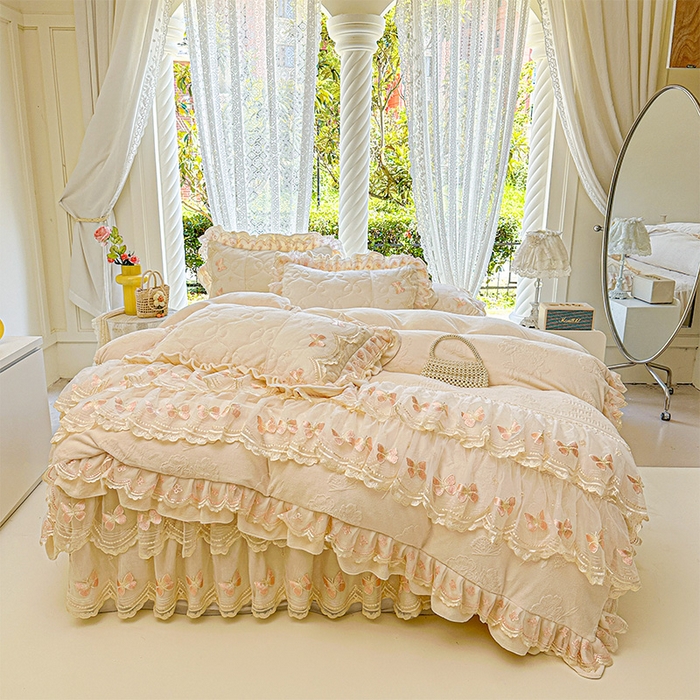 虹星家纺 2025新款花边牛奶绒床裙四件套系列 蝶恋-奶茶色