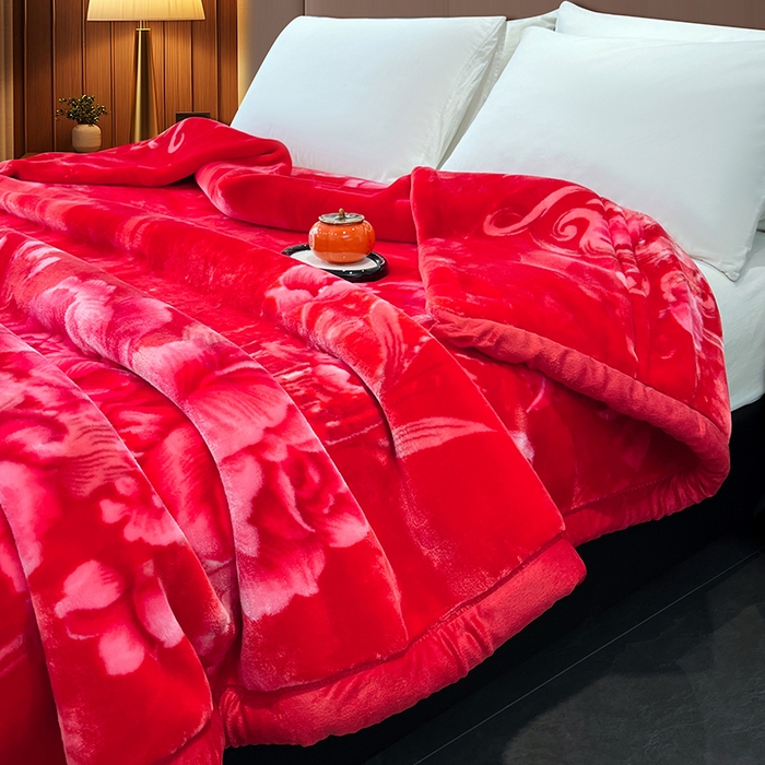 91家纺网 家纺一手货源 找家纺 凯轩毛毯 2025新款加厚双层婚庆云毯  毛毯 富贵花开