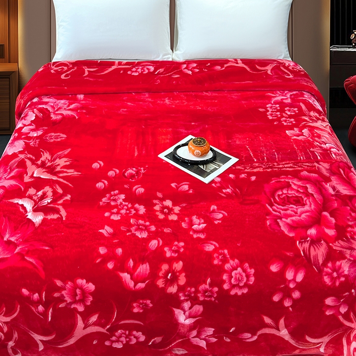 91家纺网 家纺一手货源 找家纺 凯轩毛毯 2025新款加厚双层婚庆云毯  毛毯 富贵花开