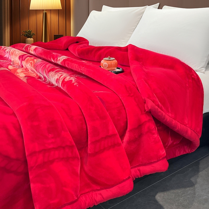 91家纺网 家纺一手货源 找家纺 凯轩毛毯 2025新款加厚双层婚庆云毯  毛毯 心花怒放