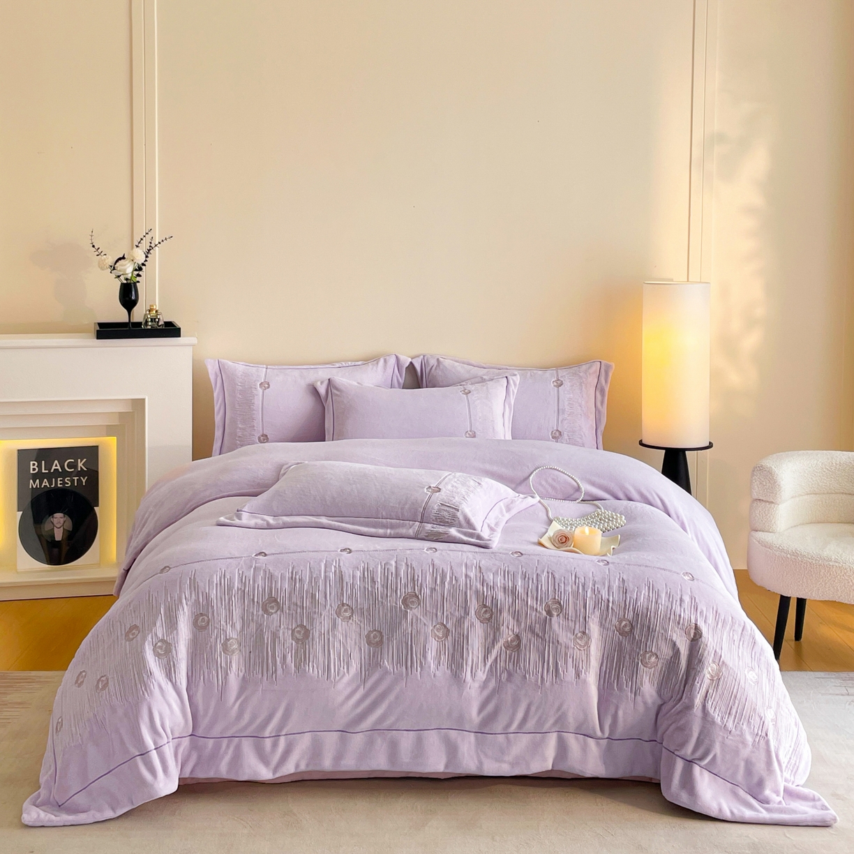 新方向 2025新款全消光A类刺绣牛奶绒四件套-玫瑰情缘 玫瑰情缘-魅紫