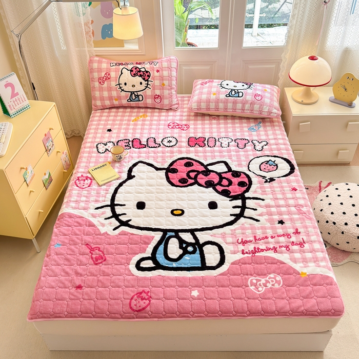 希诺家居 2025新款正版授权三丽鸥大版牛奶绒床垫三件套床褥学生宿舍床垫 粉格kt