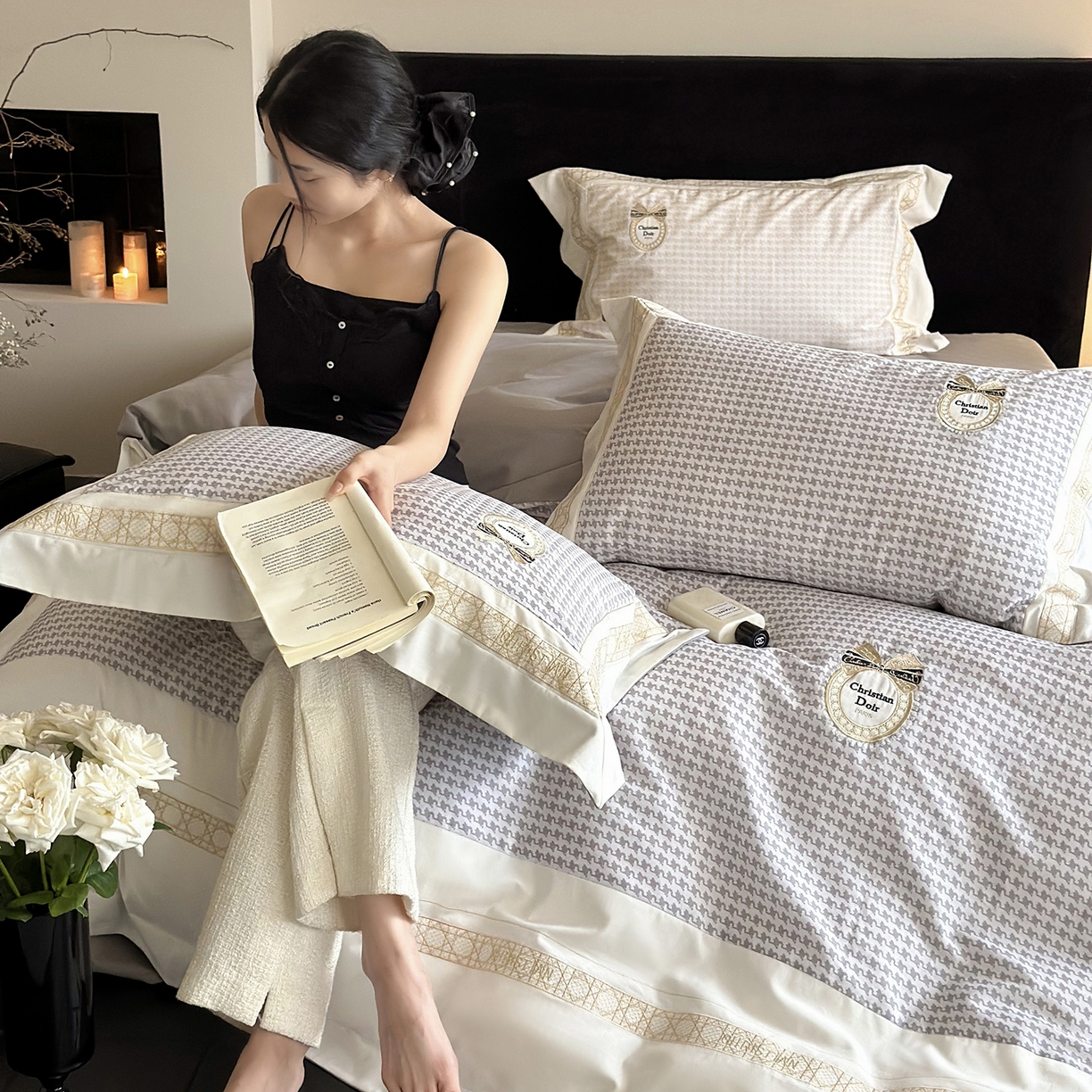 91家纺网 家纺一手货源 找家纺 MIU缪家居 2025新款100支全棉磨毛四件套-莫妮卡 莫妮卡-浅灰