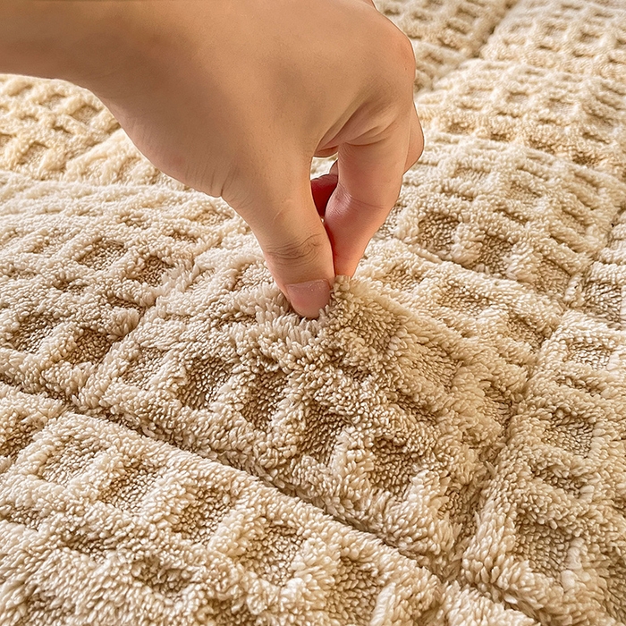 91家纺网 家纺一手货源 找家纺 喜居 2025新款舒棉绒华夫格床褥垫 奶咖