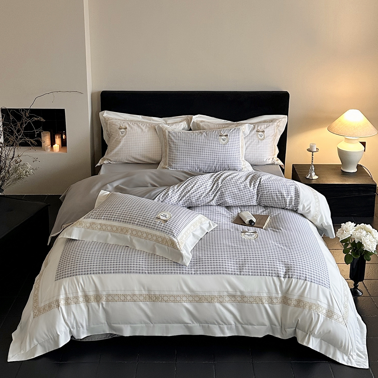 91家纺网 家纺一手货源 找家纺 MIU缪家居 2025新款100支全棉磨毛四件套-莫妮卡 莫妮卡-浅灰