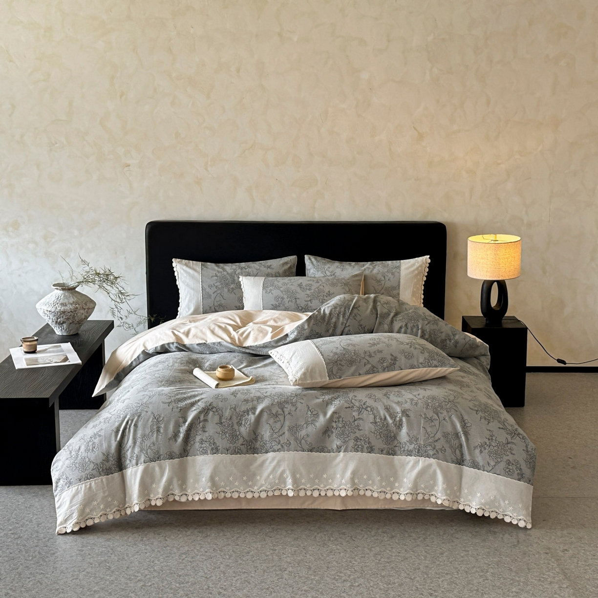 91家纺网 家纺一手货源 找家纺 宜代光年 2025新款全棉磨毛花边四件套 花眠