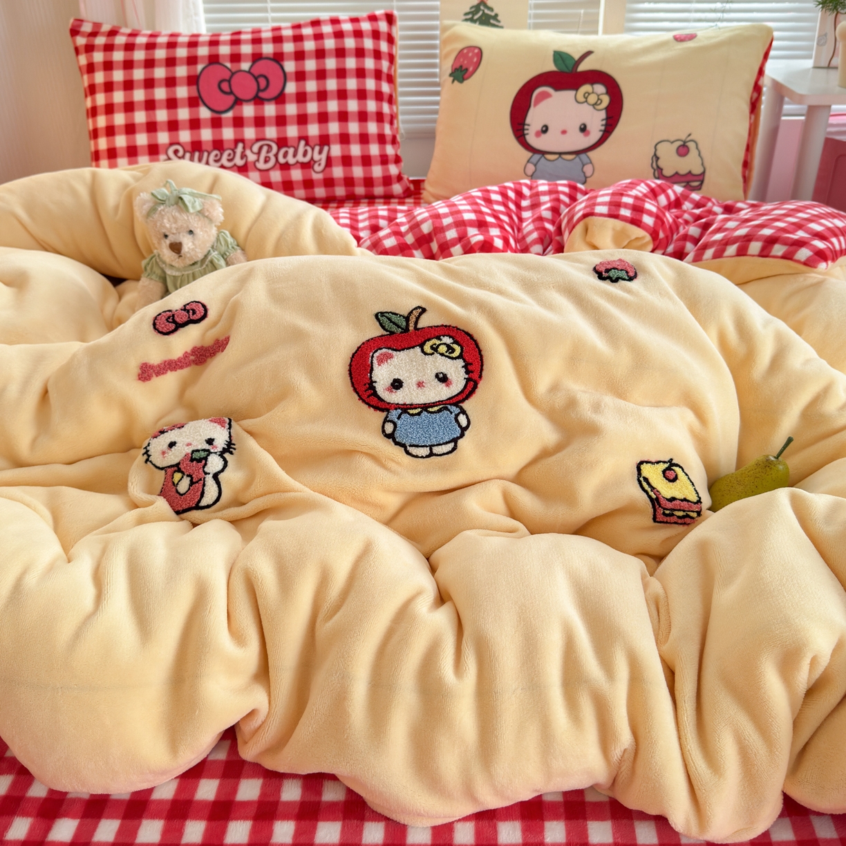 91家纺网 家纺一手货源 找家纺 一霖家纺 2025新款小清新牛奶绒毛巾绣四件套-第一波 苹果猫绒