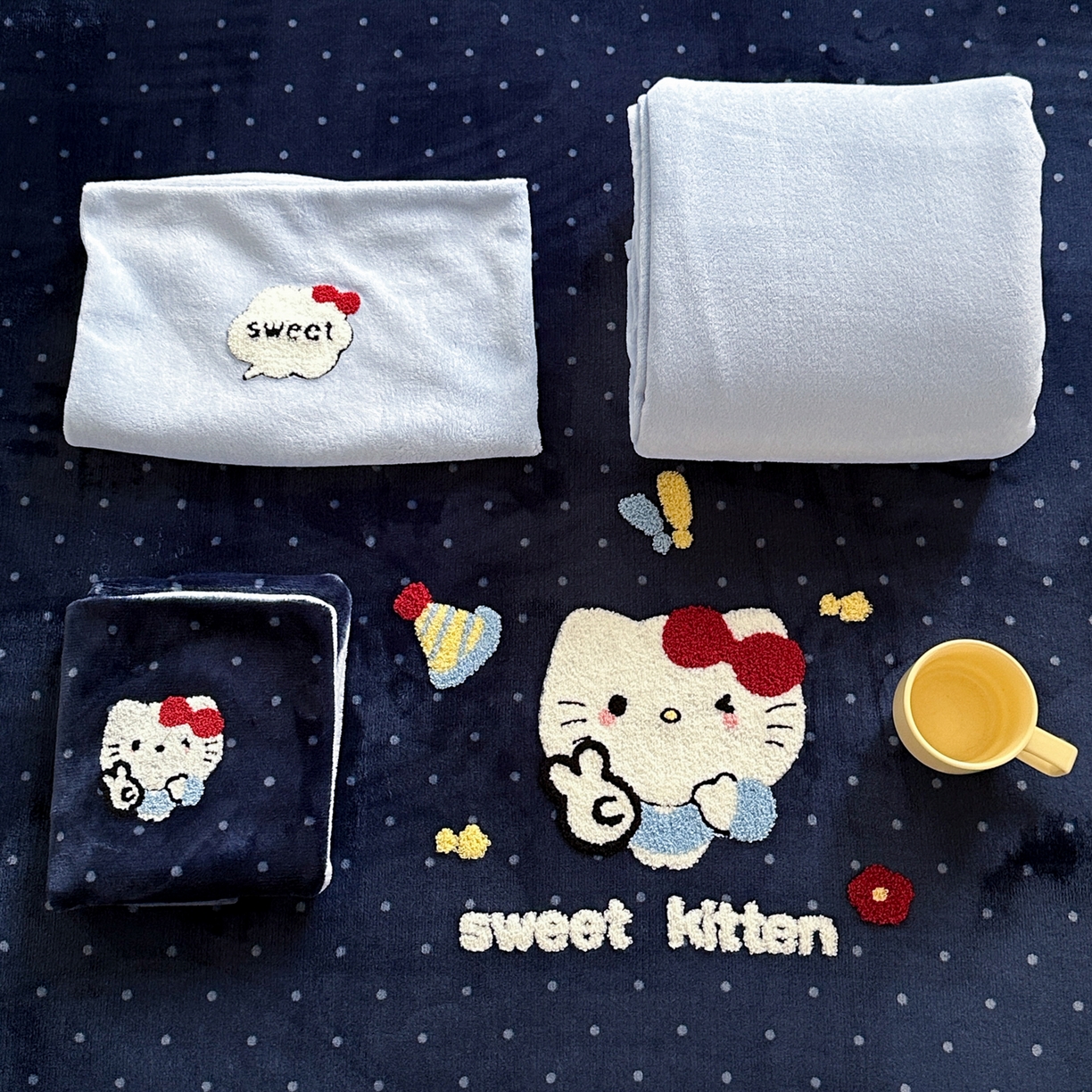 91家纺网 家纺一手货源 找家纺 一霖家纺 2025新款小清新牛奶绒毛巾绣四件套-第一波 波点萌猫绒