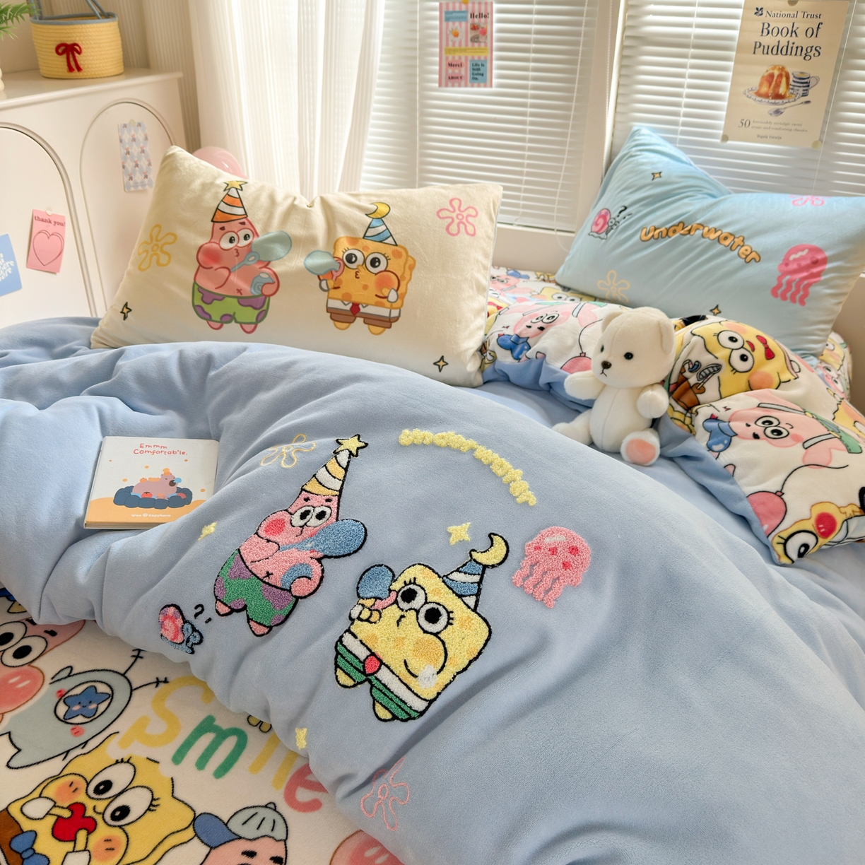 91家纺网 家纺一手货源 找家纺 一霖家纺 2025新款小清新牛奶绒毛巾绣四件套-第一波 吹泡泡的海宝