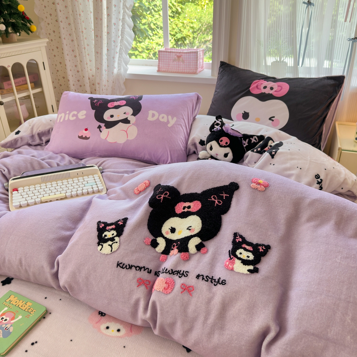 91家纺网 家纺一手货源 找家纺 一霖家纺 2025新款小清新牛奶绒毛巾绣四件套-第一波 黑库米米绒