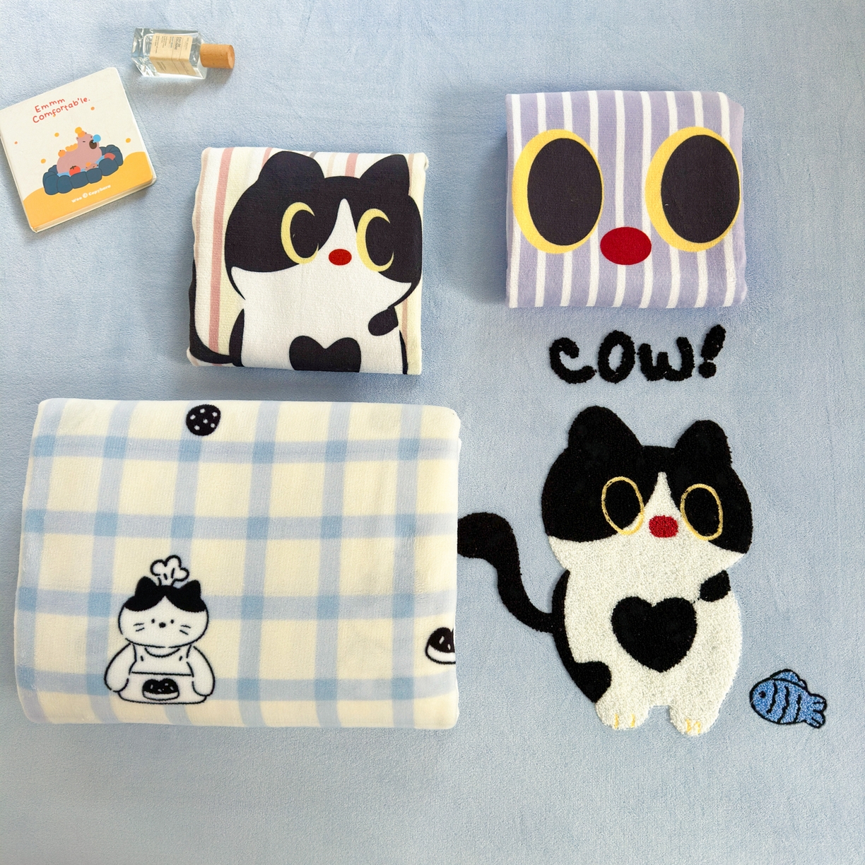 91家纺网 家纺一手货源 找家纺 一霖家纺 2025新款小清新牛奶绒毛巾绣四件套-第一波 黑色小猫