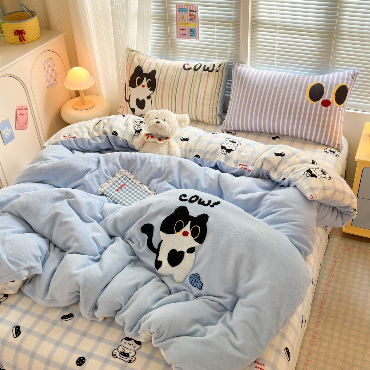 91家纺网 家纺一手货源 找家纺 一霖家纺 2025新款小清新牛奶绒毛巾绣四件套-第一波 黑色小猫