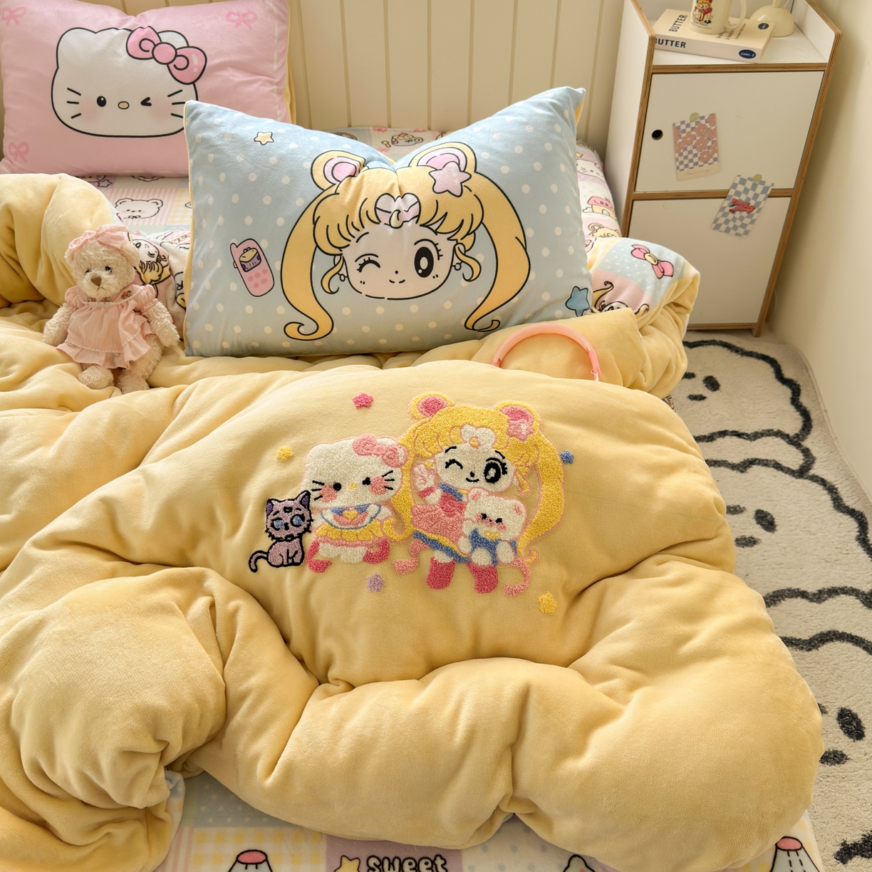 91家纺网 家纺一手货源 找家纺 一霖家纺 2025新款小清新牛奶绒毛巾绣四件套-第一波 美少女战士-黄