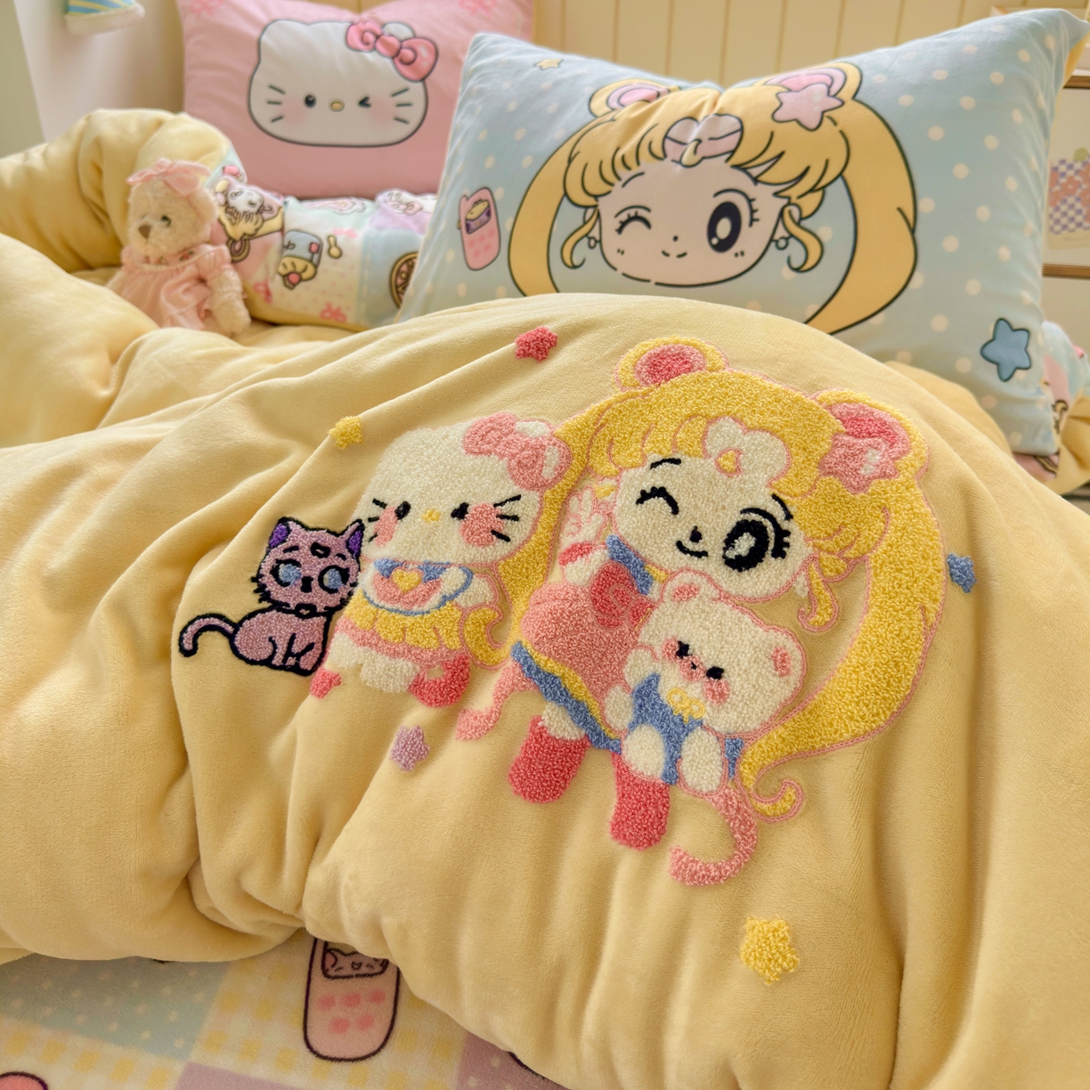 91家纺网 家纺一手货源 找家纺 一霖家纺 2025新款小清新牛奶绒毛巾绣四件套-第一波 美少女战士-黄