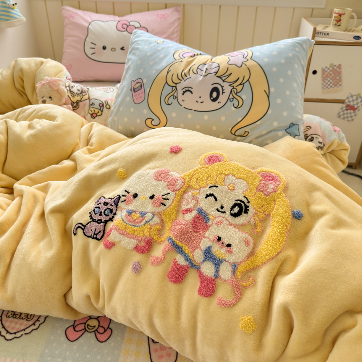 91家纺网 家纺一手货源 找家纺 一霖家纺 2025新款小清新牛奶绒毛巾绣四件套-第一波 美少女战士-黄