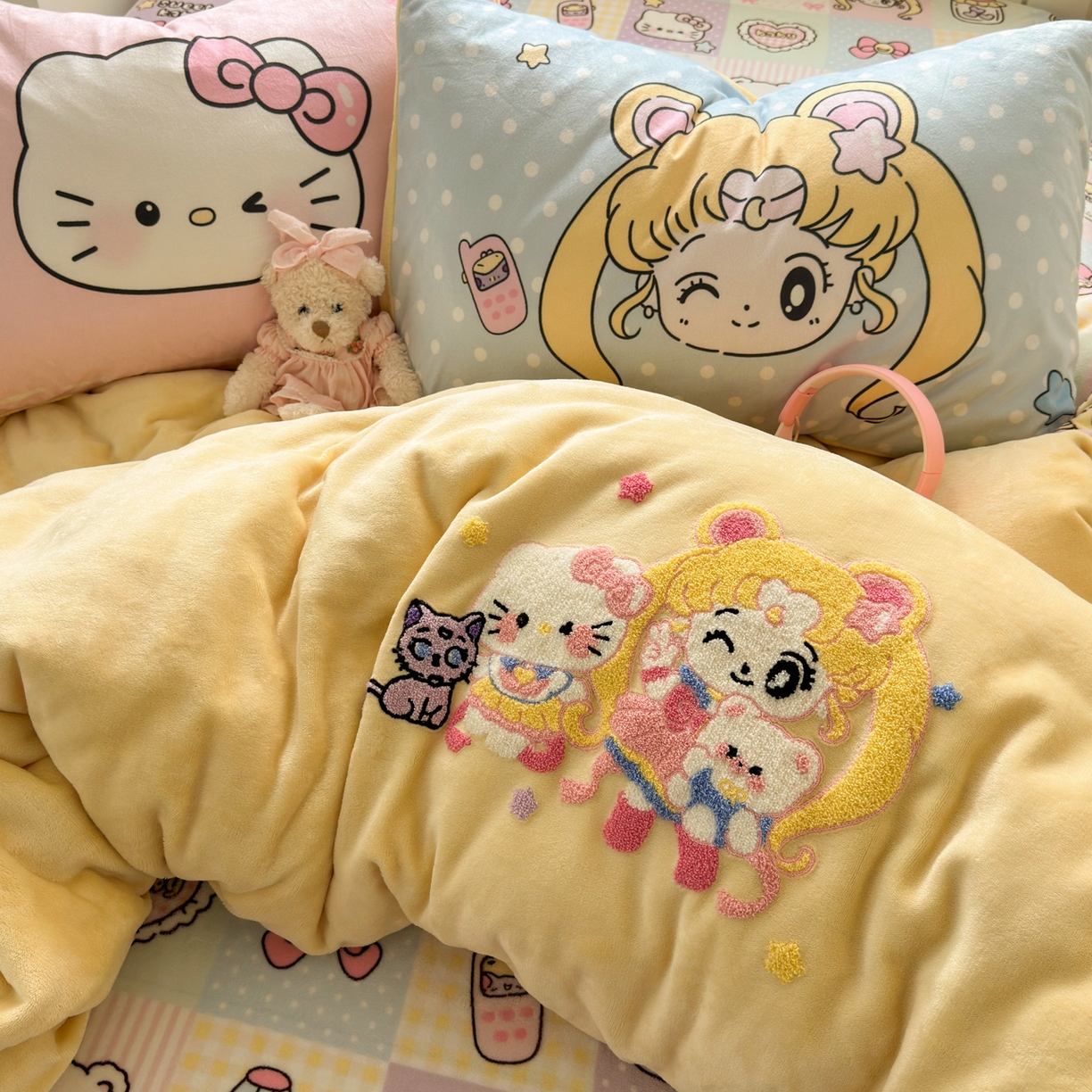 91家纺网 家纺一手货源 找家纺 一霖家纺 2025新款小清新牛奶绒毛巾绣四件套-第一波 美少女战士-黄