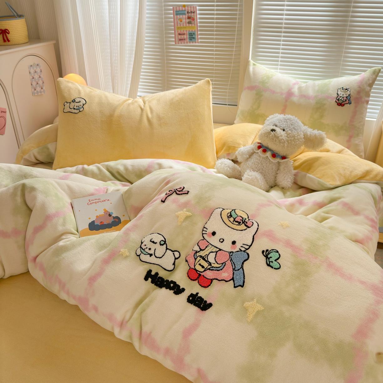 91家纺网 家纺一手货源 找家纺 一霖家纺 2025新款小清新牛奶绒毛巾绣四件套-第一波 元气小猫